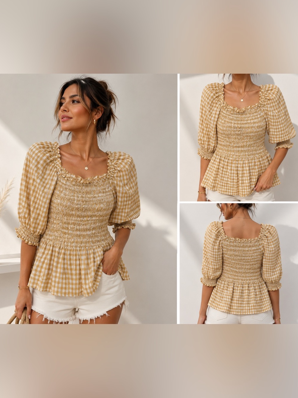 Max Studio Yellow Gingham Smocked Peplum Blouse